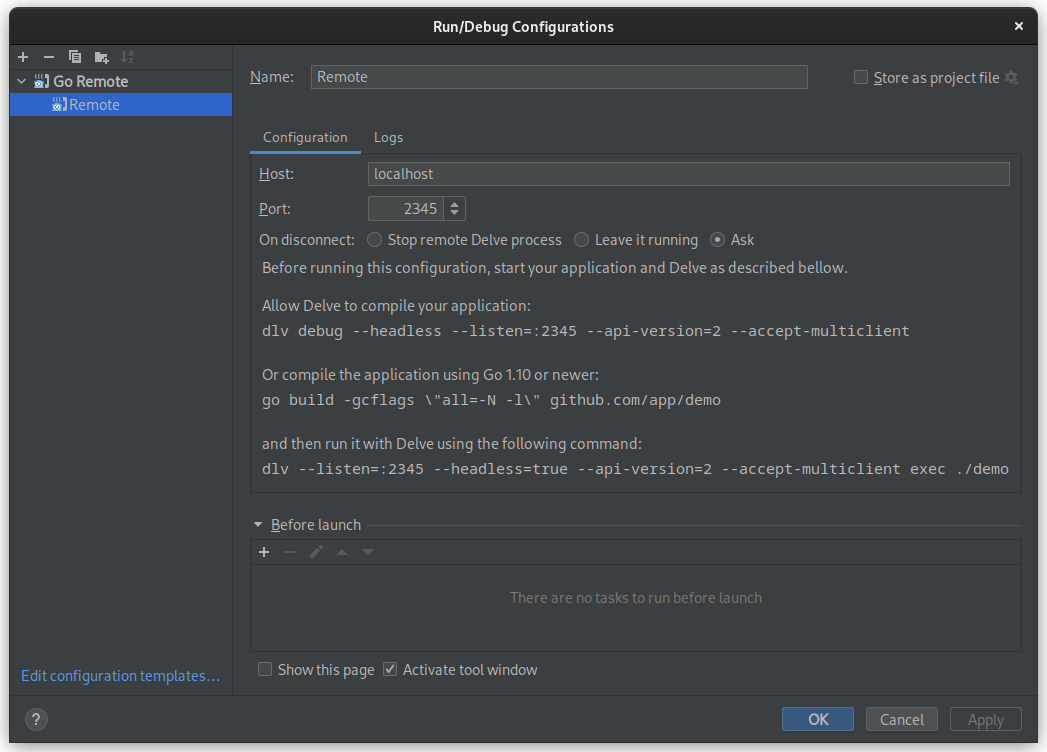 GoLand - adding remote configuration